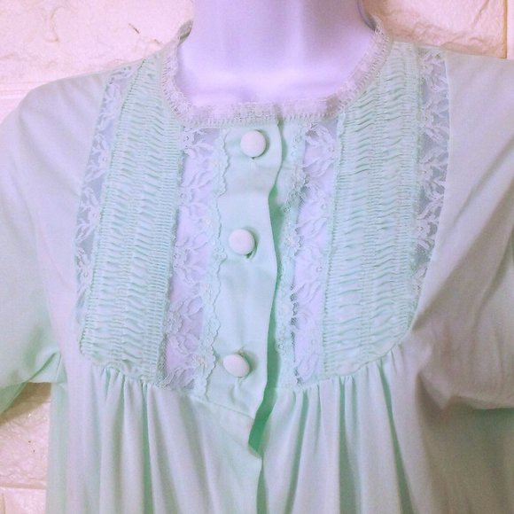 Vintage 80s Danni Dressing Gown Robe -L Pocket Ruched Lace Buttons SSL Nylon - Picture 3 of 8